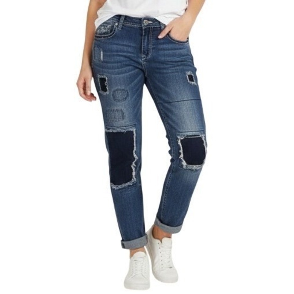 Grace in LA Boyfriend Jeans Women's 30 Blue Patchwork‎ Distressed Denim Relaxed